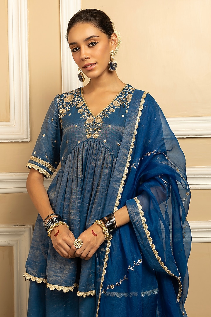 Blue Tissue Chanderi Party Wear Sharara Set by DOHR INDIA at Pernia's Pop Up Shop
