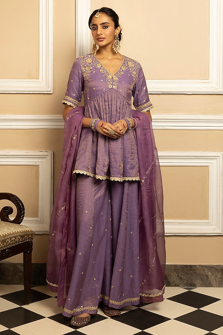 Purple Tissue Chanderi Sharara Set by DOHR INDIA at Pernia's Pop Up Shop