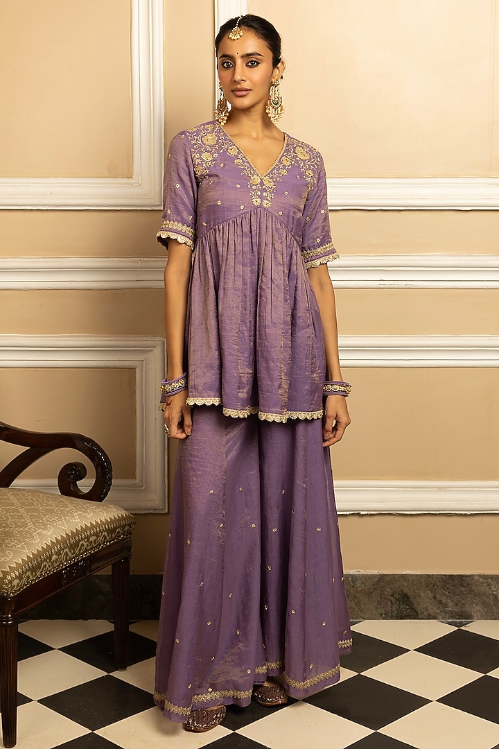 Purple Tissue Chanderi Party Wear Sharara Set by DOHR INDIA at Pernia's Pop Up Shop