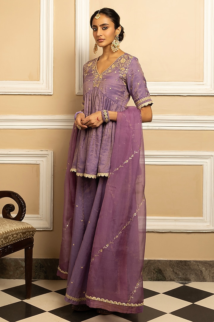 Purple Tissue Chanderi Party Wear Sharara Set by DOHR INDIA at Pernia's Pop Up Shop