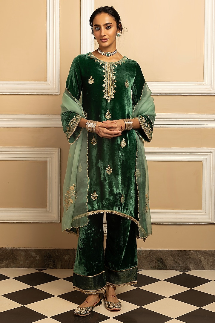 Green Silk Velvet Sequins Embroidered High-Low Kurta Set by DOHR INDIA at Pernia's Pop Up Shop