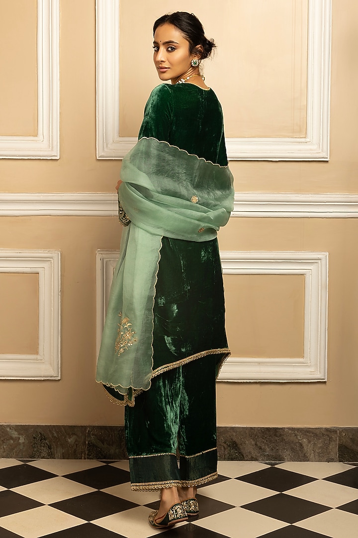 Green Silk Velvet Sequins Embroidered High-Low Kurta Set by DOHR INDIA at Pernia's Pop Up Shop