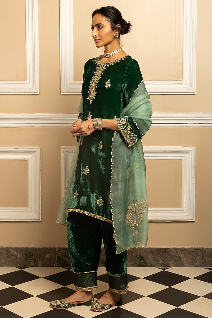 Green Silk Velvet Sequins Embroidered High-Low Kurta Set by DOHR INDIA at Pernia's Pop Up Shop