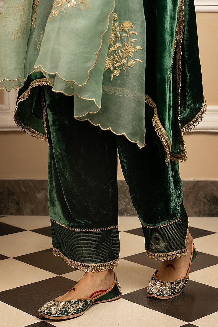 Green Silk Velvet Sequins Embroidered High-Low Kurta Set by DOHR INDIA at Pernia's Pop Up Shop