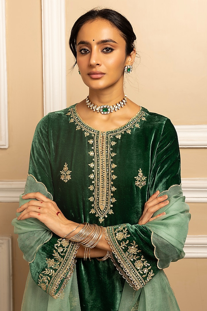 Green Silk Velvet Sequins Embroidered High-Low Kurta Set by DOHR INDIA at Pernia's Pop Up Shop
