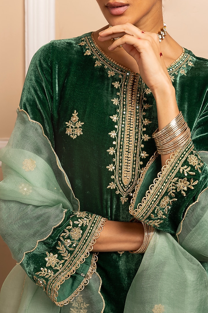 Green Silk Velvet Sequins Embroidered High-Low Kurta Set by DOHR INDIA at Pernia's Pop Up Shop