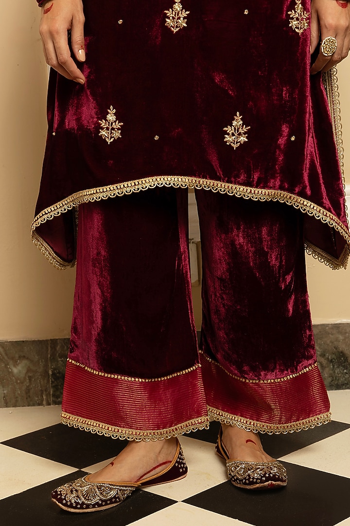 Plum Silk Velvet Sequins Embroidered High-Low Kurta Set by DOHR INDIA at Pernia's Pop Up Shop