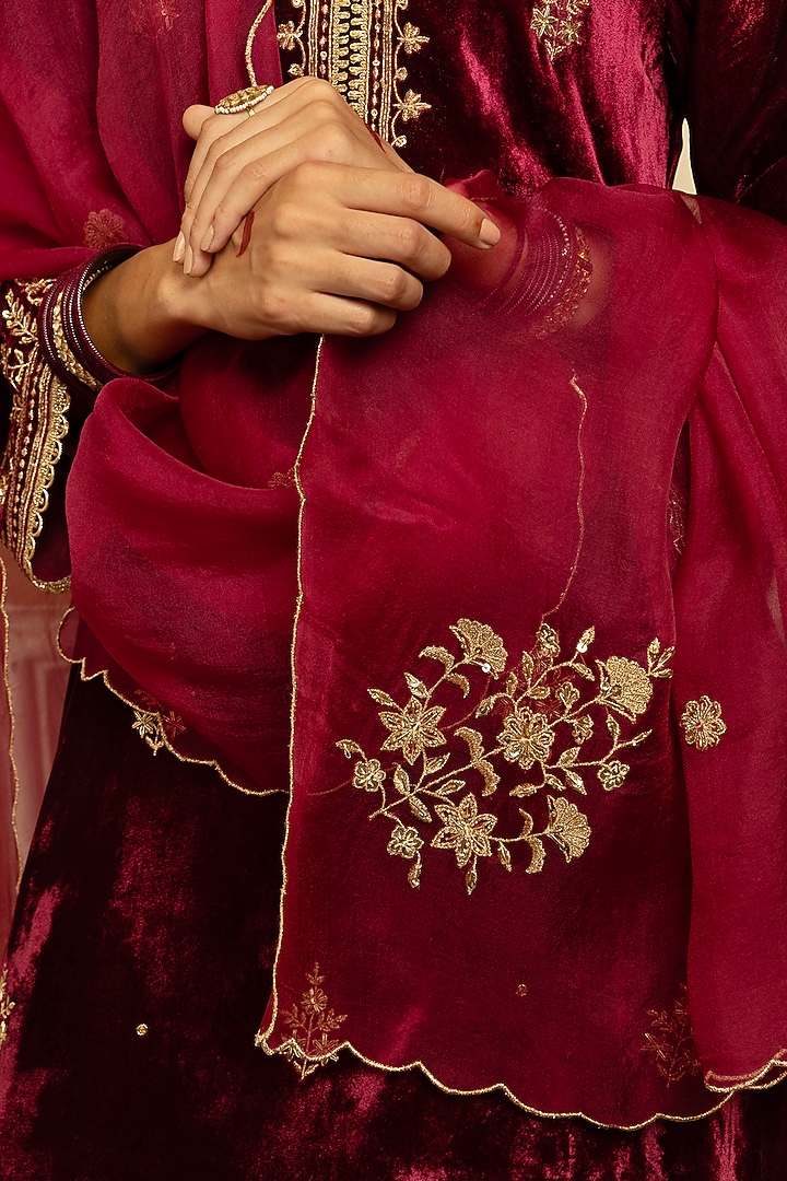 Plum Silk Velvet Sequins Embroidered High-Low Kurta Set by DOHR INDIA at Pernia's Pop Up Shop