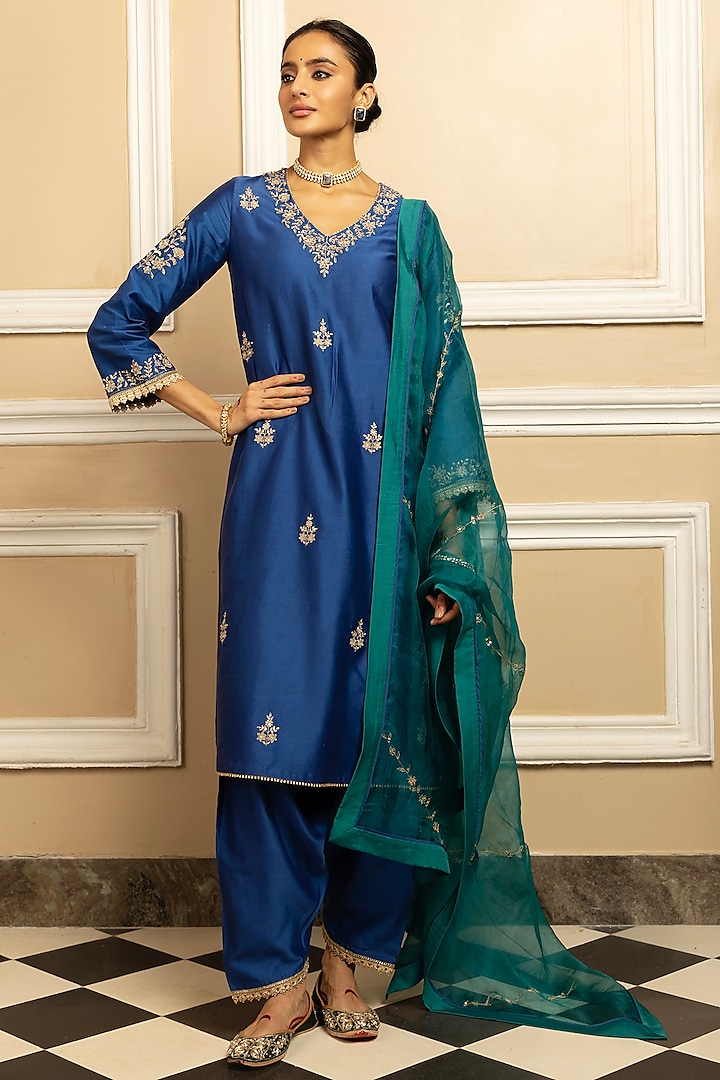 Blue Silk Chanderi Sequins Embroidered Kurta Set by DOHR INDIA at Pernia's Pop Up Shop