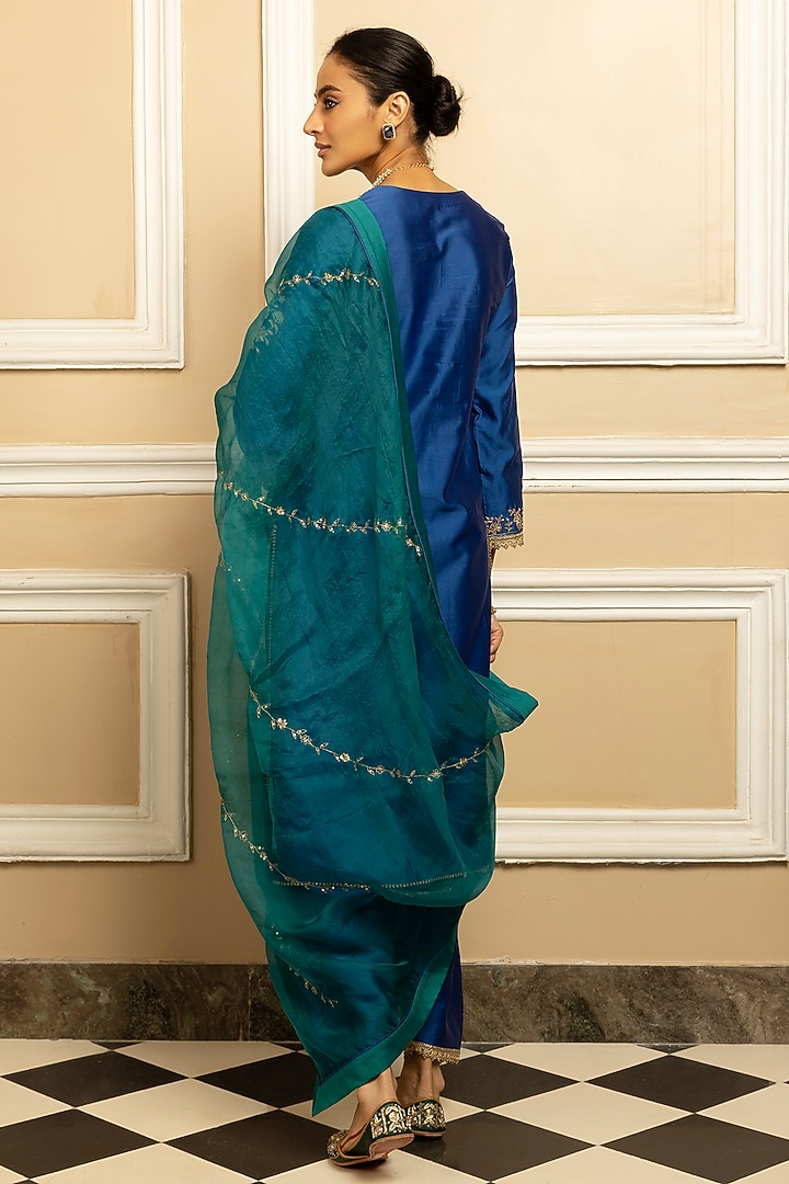 Blue Silk Chanderi Sequins Embroidered Kurta Set by DOHR INDIA at Pernia's Pop Up Shop