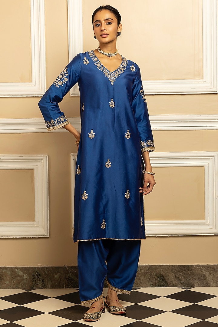Blue Silk Chanderi Sequins Embroidered Kurta Set by DOHR INDIA at Pernia's Pop Up Shop
