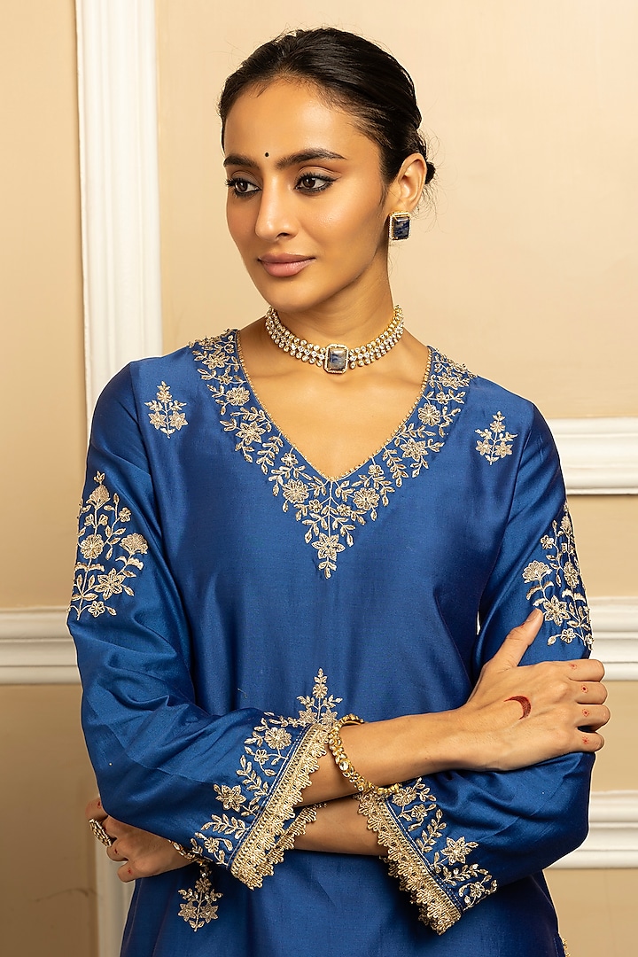 Blue Silk Chanderi Sequins Embroidered Kurta Set by DOHR INDIA at Pernia's Pop Up Shop