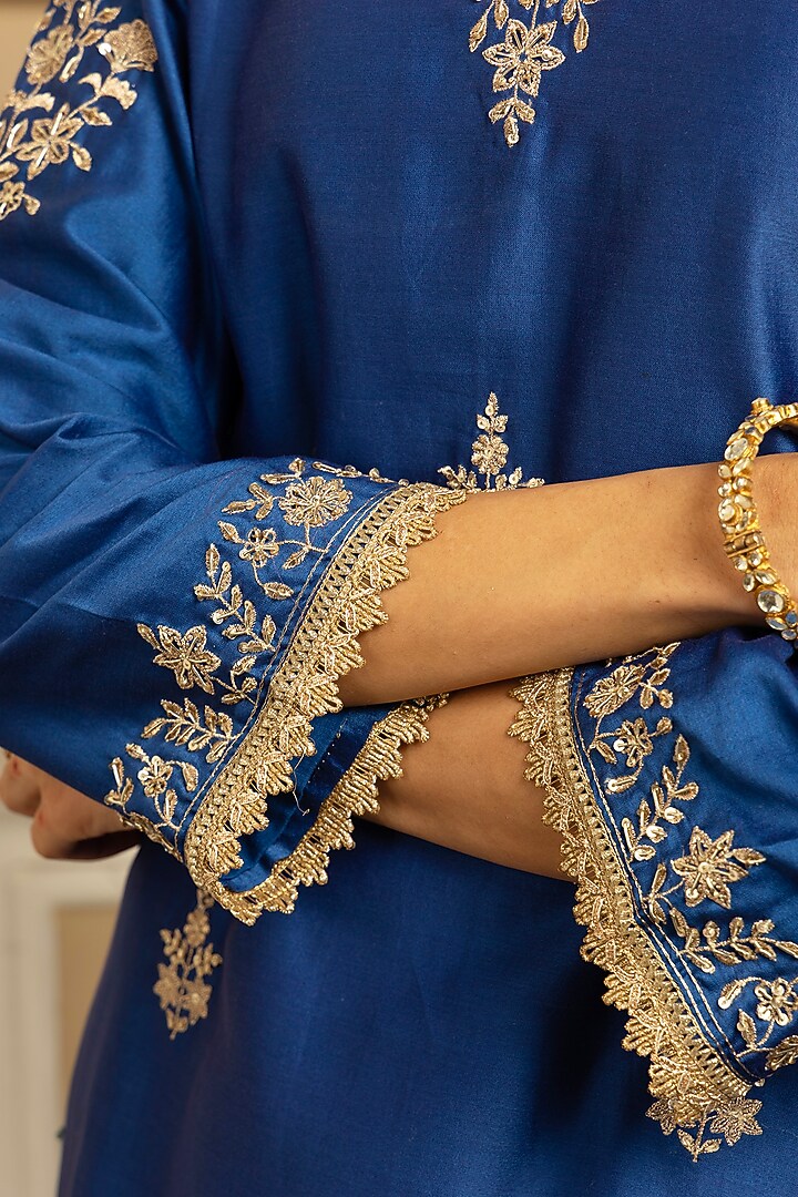 Blue Silk Chanderi Sequins Embroidered Kurta Set by DOHR INDIA at Pernia's Pop Up Shop