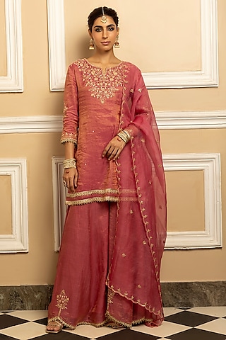 Pink Tissue Chanderi Sharara Set by DOHR INDIA