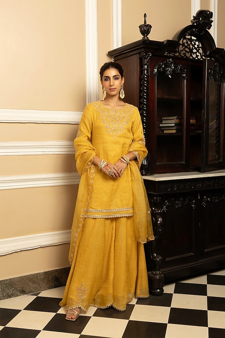 Yellow Tissue Chanderi Sharara Set by DOHR INDIA at Pernia's Pop Up Shop