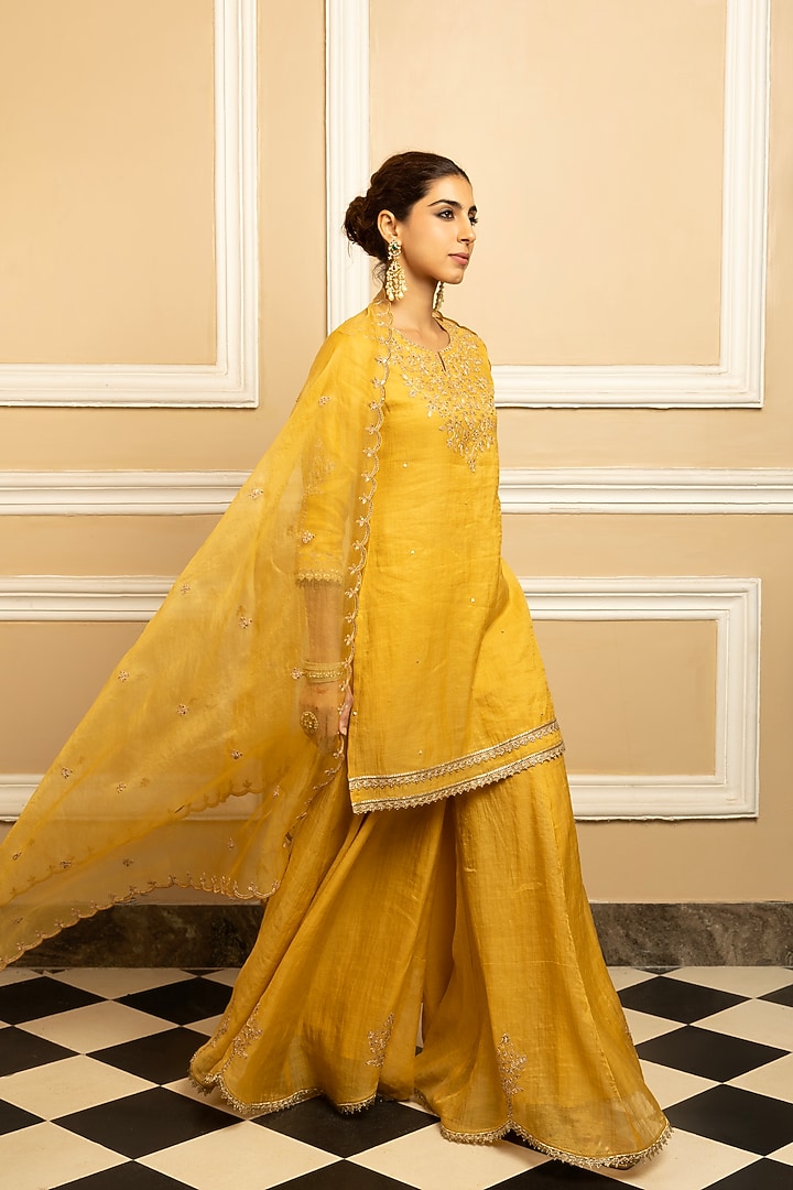 Yellow Tissue Chanderi Party Wear Sharara Set by DOHR INDIA at Pernia's Pop Up Shop