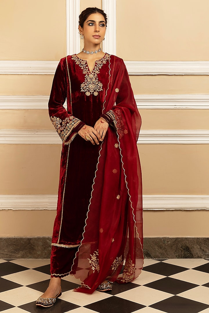 Red Silk Velvet Sequins Embroidered Kurta Set by DOHR INDIA at Pernia's Pop Up Shop