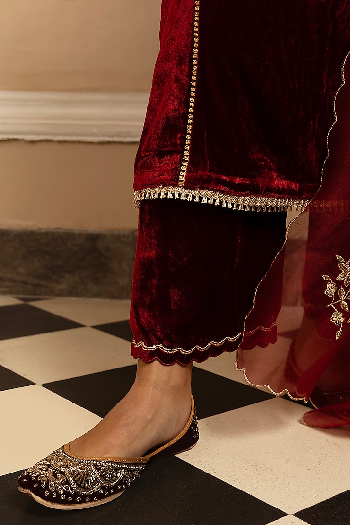Red Silk Velvet Sequins Embroidered Kurta Set by DOHR INDIA at Pernia's Pop Up Shop