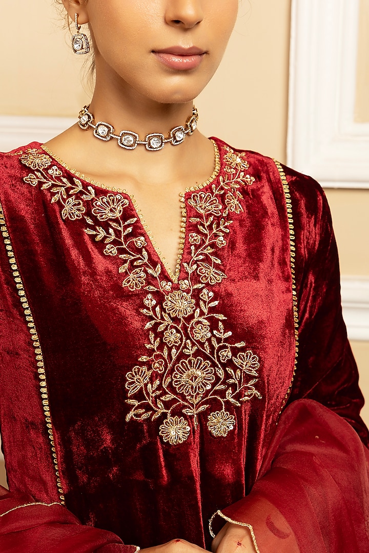 Red Silk Velvet Sequins Embroidered Kurta Set by DOHR INDIA at Pernia's Pop Up Shop