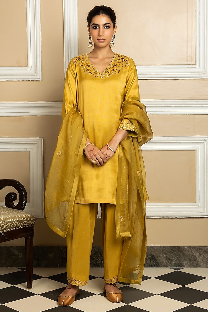 Mustard Tissue Blend Sequins Embroidered A-Line Kurta Set by DOHR INDIA at Pernia's Pop Up Shop