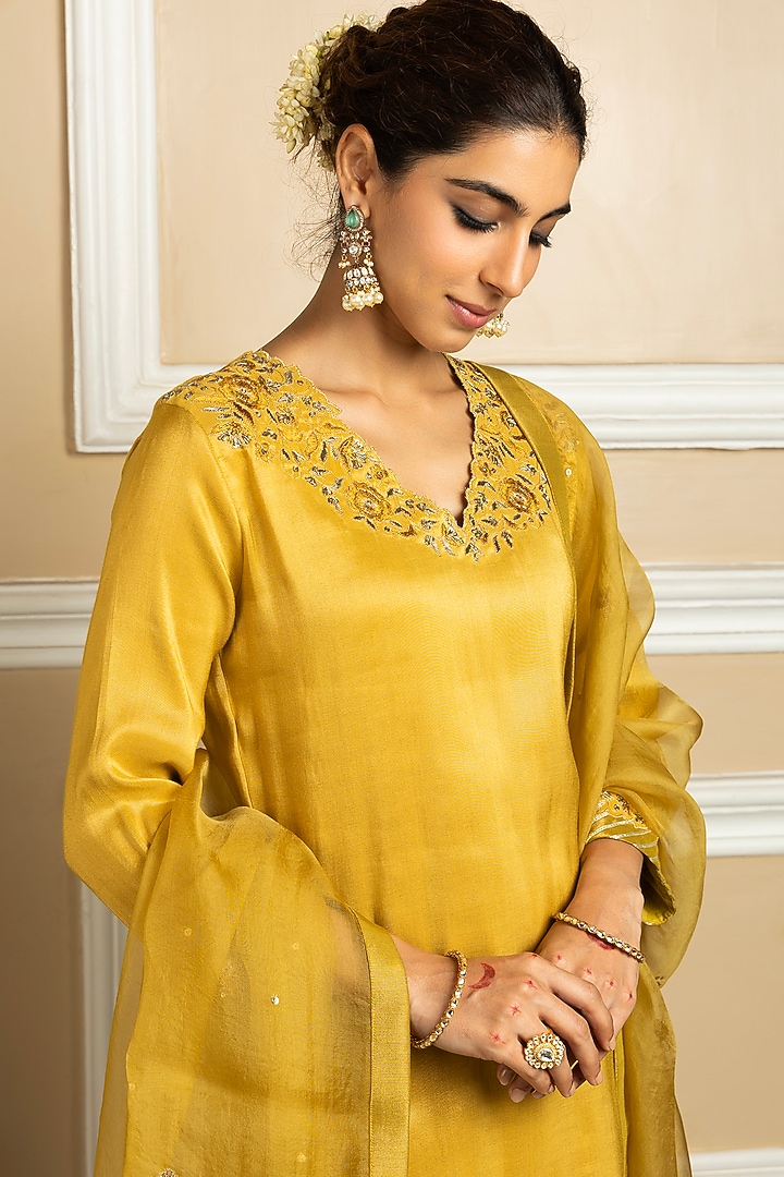 Mustard Tissue Blend Sequins Embroidered A-Line Kurta Set by DOHR INDIA at Pernia's Pop Up Shop