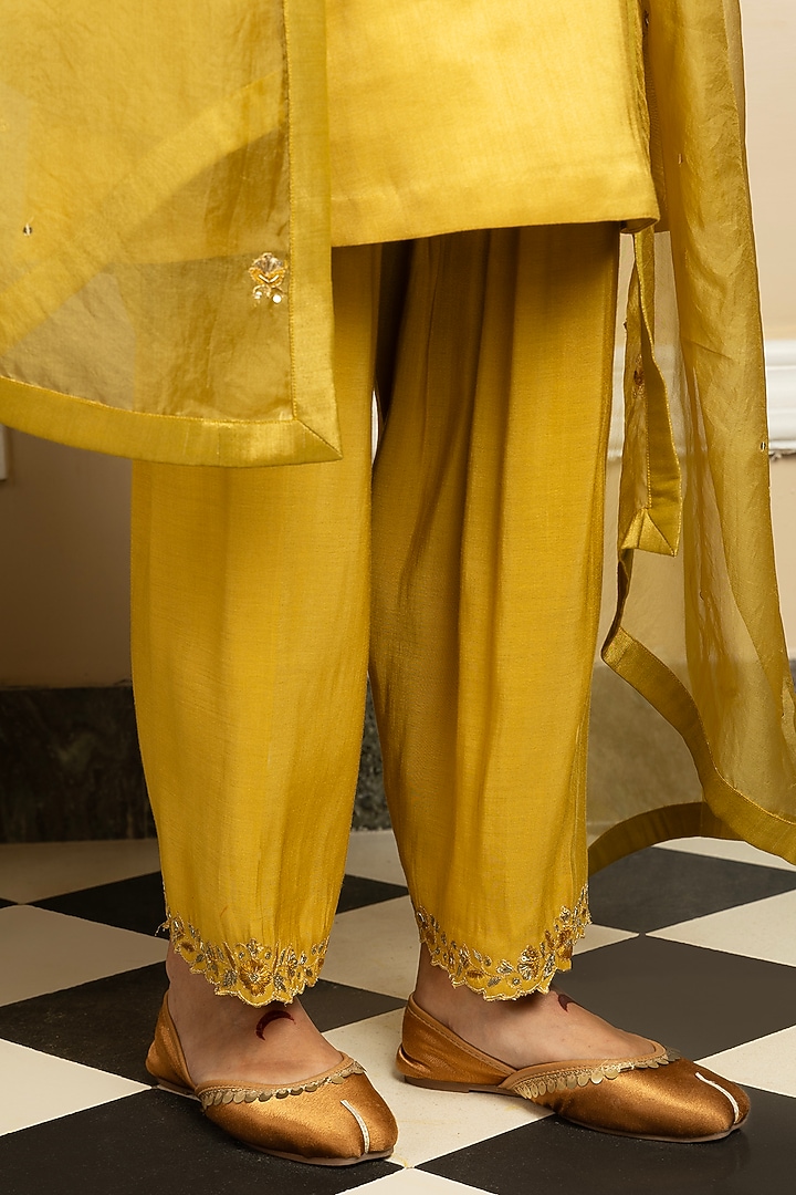 Mustard Tissue Blend Sequins Embroidered A-Line Kurta Set by DOHR INDIA at Pernia's Pop Up Shop