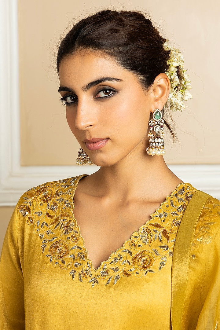 Mustard Tissue Blend Sequins Embroidered A-Line Kurta Set by DOHR INDIA at Pernia's Pop Up Shop