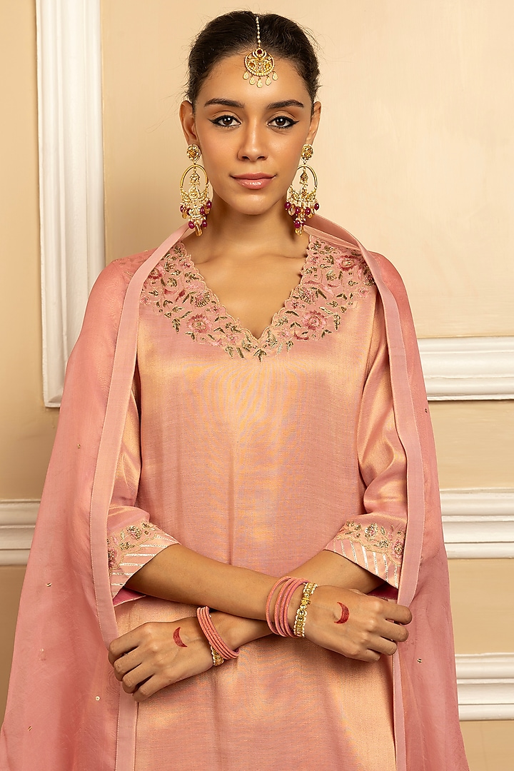 Pink Tissue Blend Sequins Embroidered A-Line Kurta Set by DOHR INDIA at Pernia's Pop Up Shop