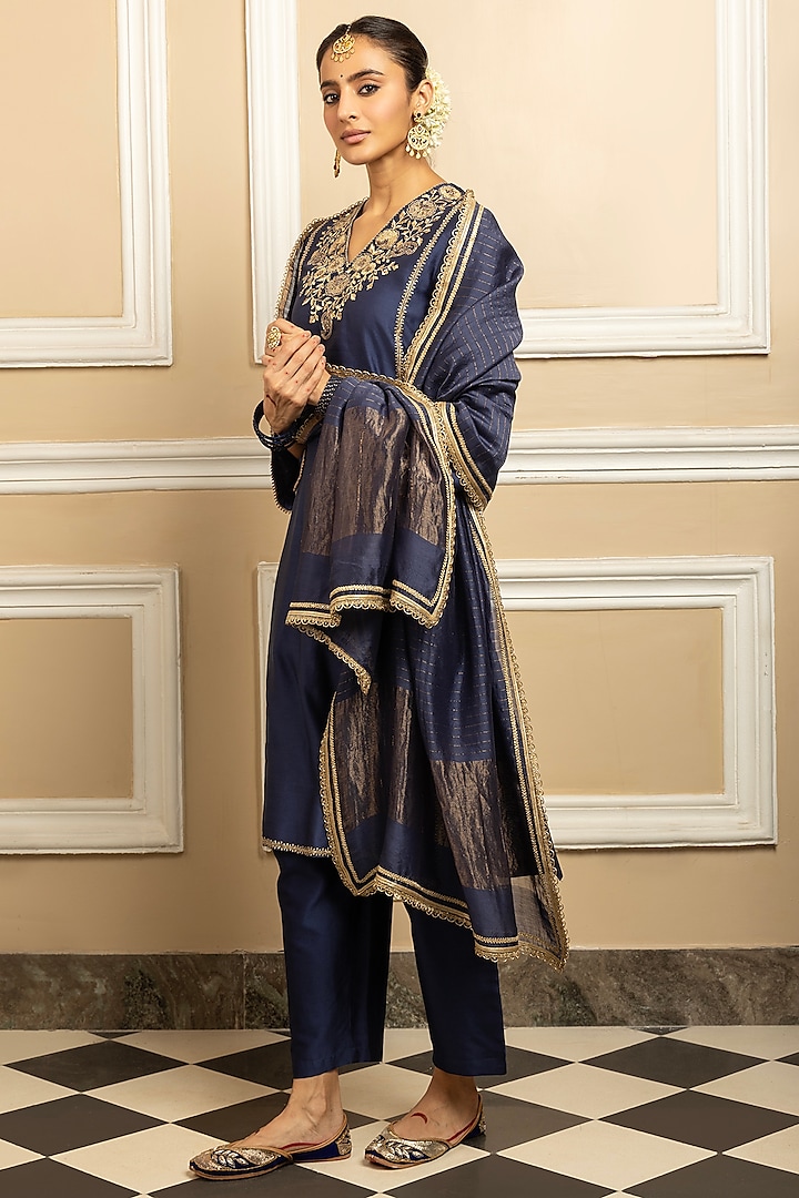 Blue Silk Chanderi Zari Embroidered Kurta Set by DOHR INDIA at Pernia's Pop Up Shop