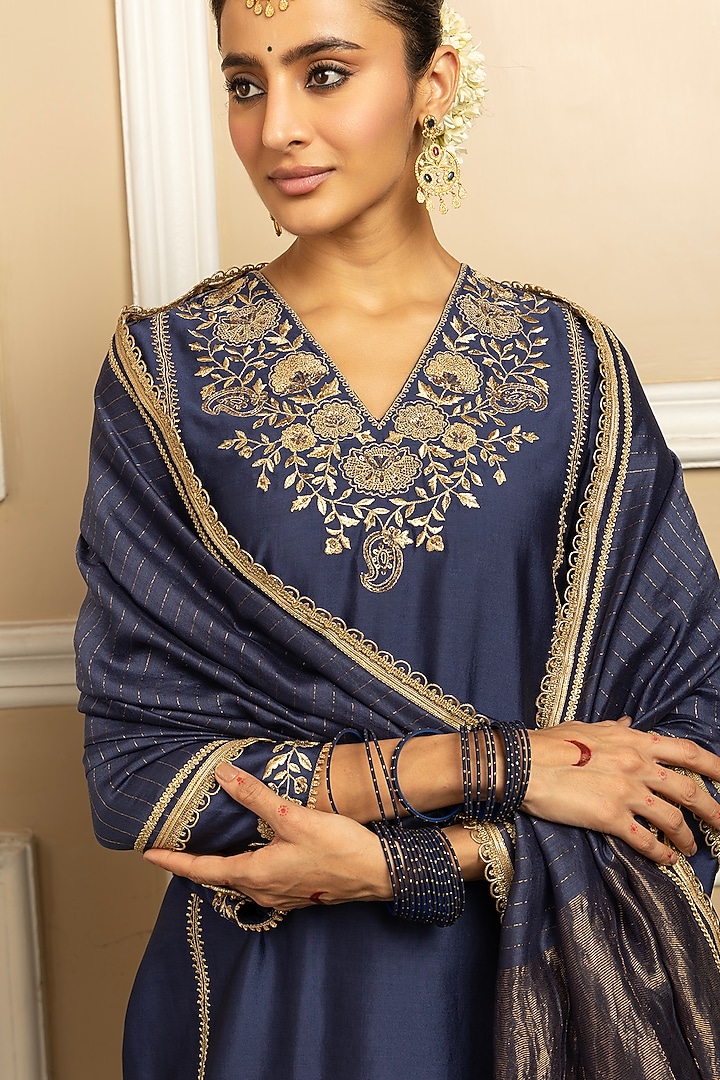 Blue Silk Chanderi Zari Embroidered Kurta Set by DOHR INDIA at Pernia's Pop Up Shop
