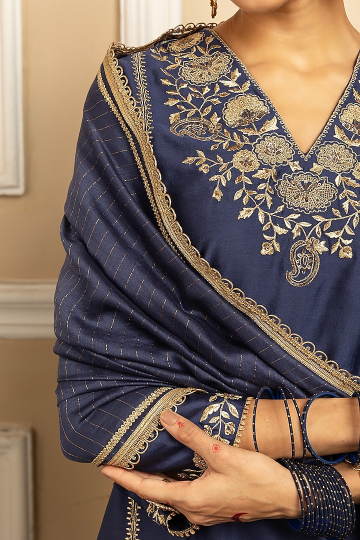 Blue Silk Chanderi Zari Embroidered Kurta Set by DOHR INDIA at Pernia's Pop Up Shop