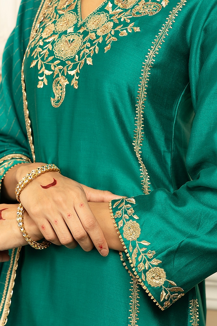 Green Silk Chanderi Zari Embroidered Kurta Set by DOHR INDIA at Pernia's Pop Up Shop