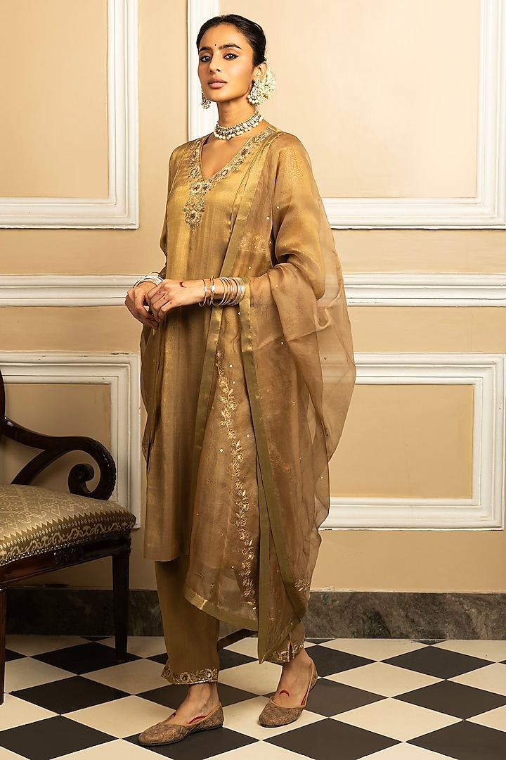 Gold Tissue Blend Sequins Embroidered Kurta Set by DOHR INDIA at Pernia's Pop Up Shop