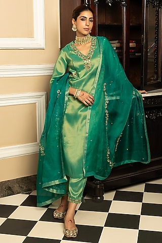 Green Tissue Blend Sequins Embroidered Kurta Set by DOHR INDIA