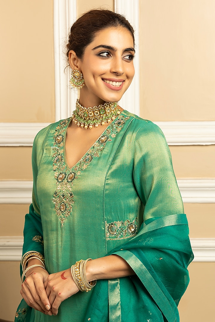 Green Tissue Blend Sequins Embroidered Kurta Set by DOHR INDIA at Pernia's Pop Up Shop