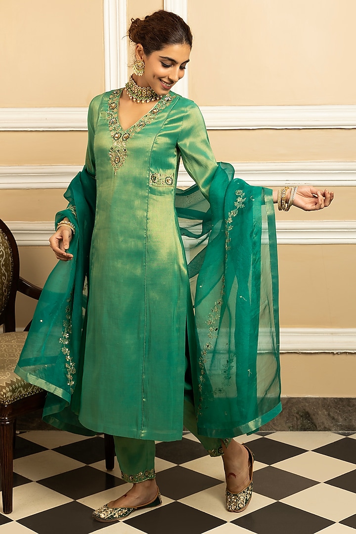 Green Tissue Blend Sequins Embroidered Kurta Set by DOHR INDIA at Pernia's Pop Up Shop