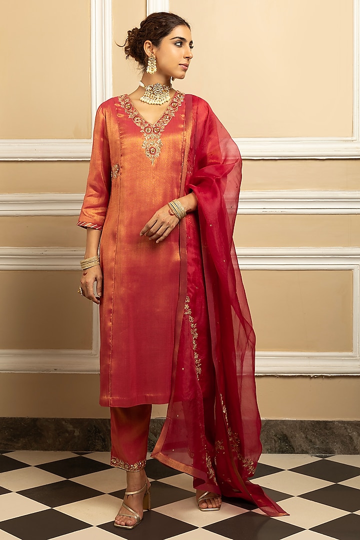 Plum Tissue Blend Sequins Embroidered Kurta Set by DOHR INDIA at Pernia's Pop Up Shop