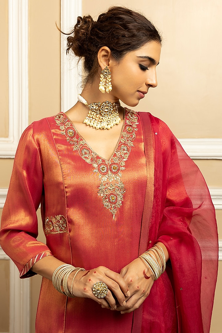 Plum Tissue Blend Sequins Embroidered Kurta Set by DOHR INDIA at Pernia's Pop Up Shop