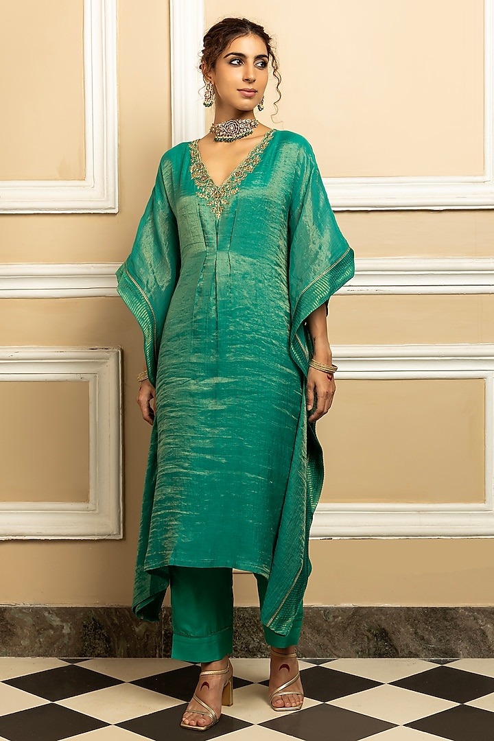 Green Tissue Chanderi Zari Embroidered Kaftan Set by DOHR INDIA at Pernia's Pop Up Shop