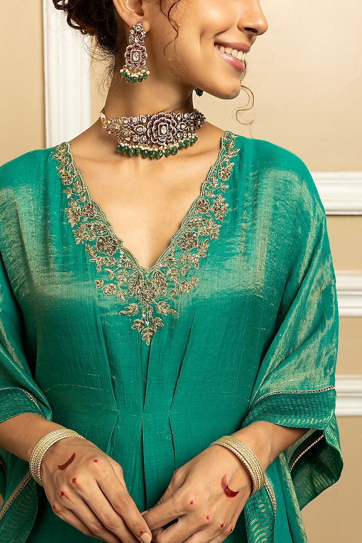 Green Tissue Chanderi Zari Embroidered Kaftan Set by DOHR INDIA at Pernia's Pop Up Shop