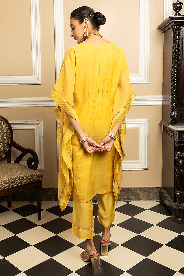 Yellow Tissue Chanderi Zari Embroidered Kaftan Set by DOHR INDIA at Pernia's Pop Up Shop