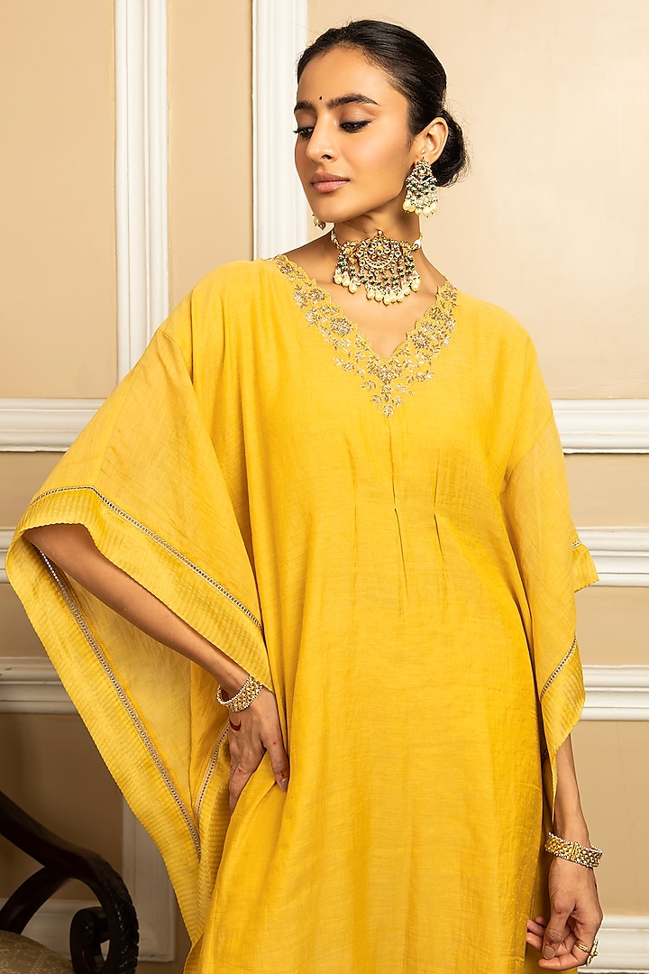 Yellow Tissue Chanderi Zari Embroidered Kaftan Set by DOHR INDIA at Pernia's Pop Up Shop