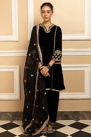 Black Silk Velvet Sequins Embroidered Kurta Set by DOHR INDIA