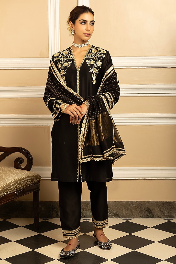 Black Silk Chanderi Sequins Embroidered Kurta Set by DOHR INDIA at Pernia's Pop Up Shop