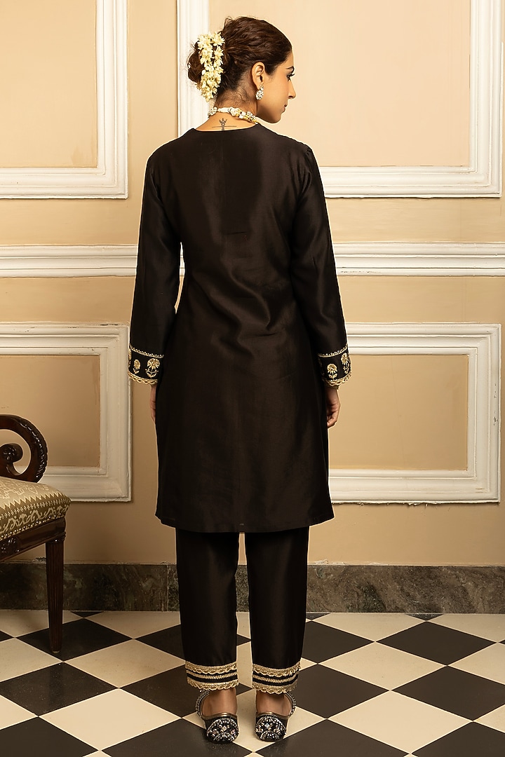 Black Silk Chanderi Sequins Embroidered Kurta Set by DOHR INDIA at Pernia's Pop Up Shop
