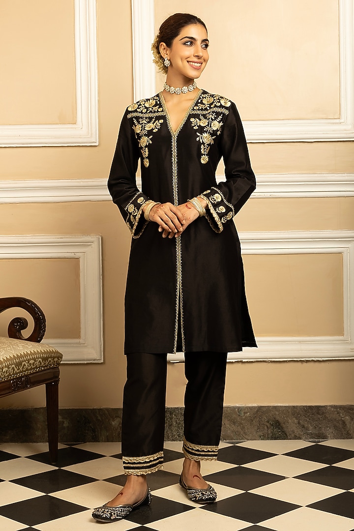Black Silk Chanderi Sequins Embroidered Kurta Set by DOHR INDIA at Pernia's Pop Up Shop