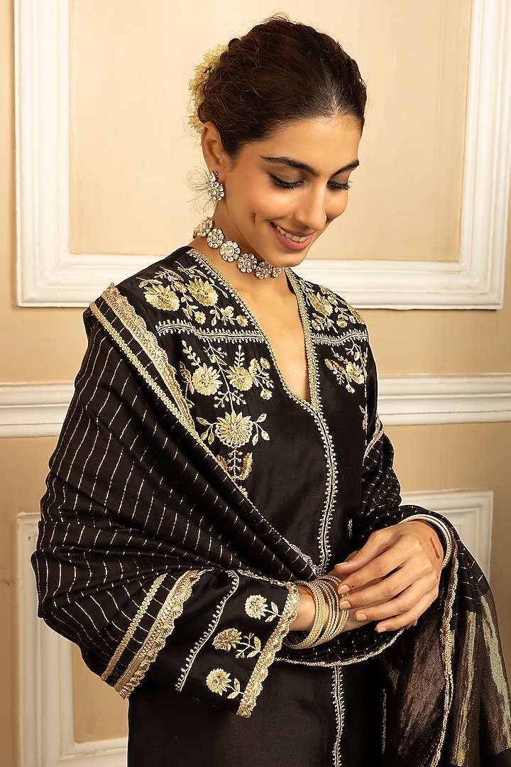 Black Silk Chanderi Sequins Embroidered Kurta Set by DOHR INDIA at Pernia's Pop Up Shop