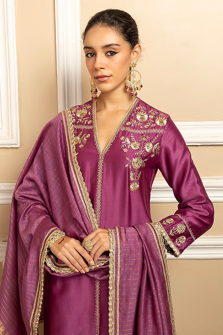 Purple Silk Chanderi Sequins Embroidered Kurta Set by DOHR INDIA at Pernia's Pop Up Shop