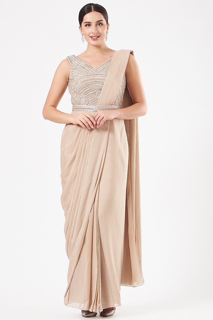 Beige Embroidered Pre-Draped Saree Set by Dolly Nagpal