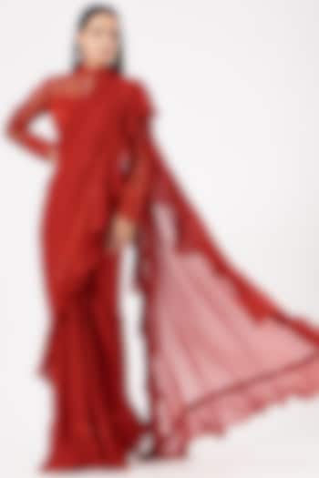 Red Embroidered Pre-Draped Saree Set by Dolly Nagpal